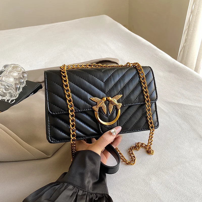 Sac Bandoulière Femme Chaîne Métal Logo – Pochette Crossbody Couleur Unie Fermeture Magnétique