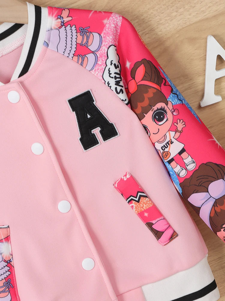 Veste Baseball Fille Imprimé Poupée Cartoon Lettre A – Blouson Casual Printemps Automne Enfant