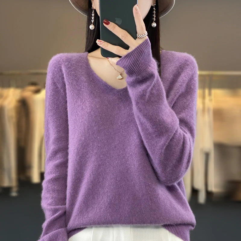 Pull Cachemire 100% Laine Col V Femme - Tricot Casual Korean Fashion Automne Hiver