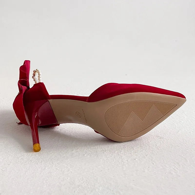 Escarpins Rouges Mariage Bow Pearl Bride 2025 – Stiletto Bout Pointu Boucle Bride
