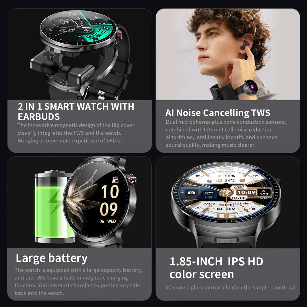 Smartwatch 2-en-1 + Écouteurs TWS Bluetooth – Écran HD 1.85" IP67 Étanche | 100+ Sports | Appels & Suivi Fitness