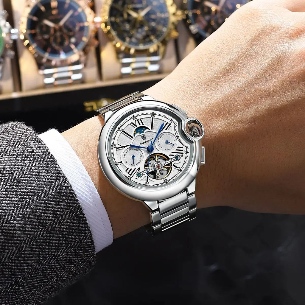 Montre Homme POEDAGAR Tourbillon Automatique Militaire – Acier Date Semaine Étanche