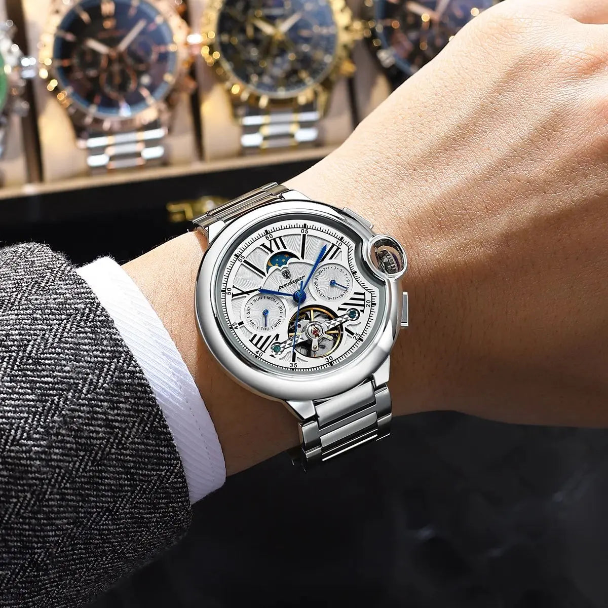 Montre Homme POEDAGAR Tourbillon Automatique Militaire – Acier Date Semaine Étanche