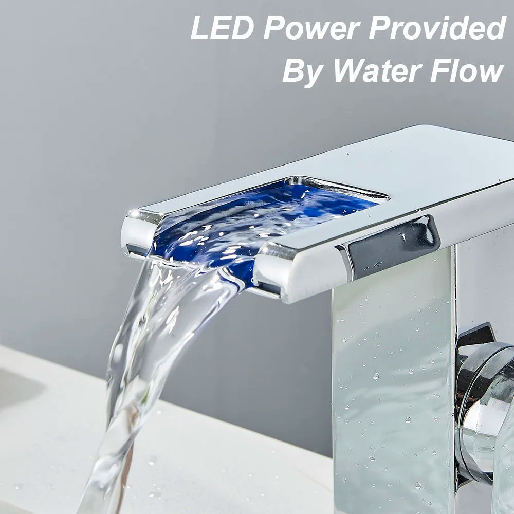 Rozin Robinet Lavabo Noir LED Cascade Hydroélectrique – Mitigeur Eau Chaude & Froide, Lumière LED Automatique | Vasque Design
