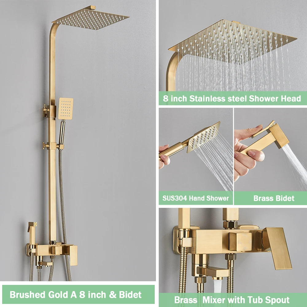 Rozin Ensemble Douche Pluie Mural Noir – Avec Bidet, Étagère & Bec Baignoire | Système Complet Laiton