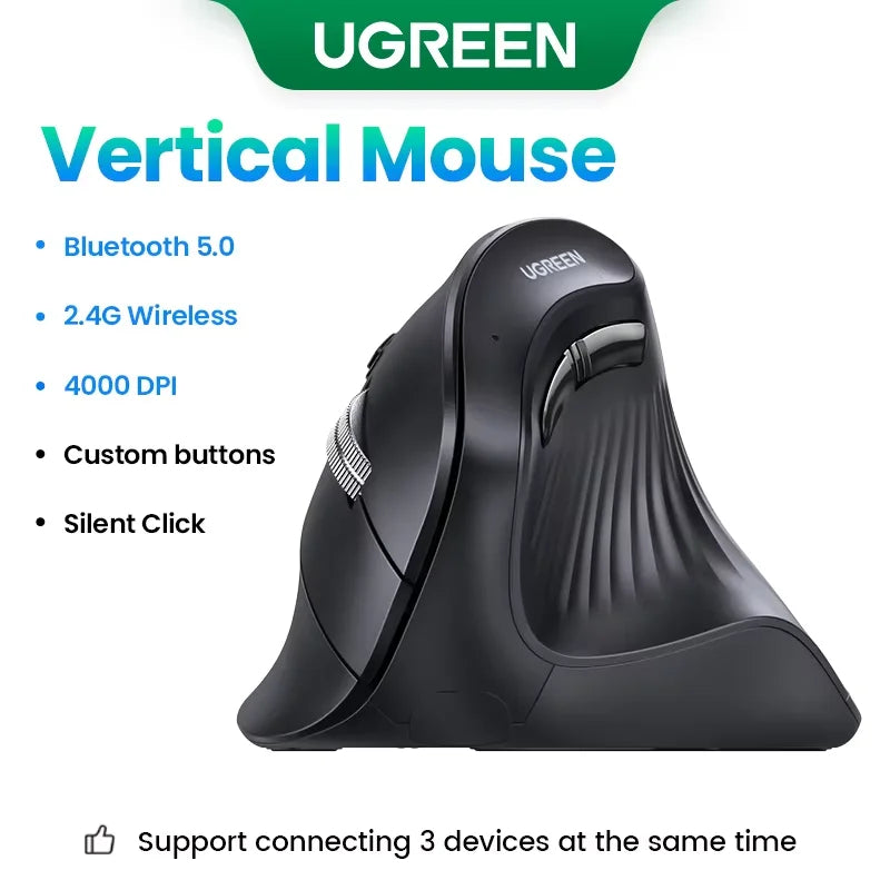 UGREEN Souris Verticale Ergonomique Sans Fil – Bluetooth 5.0 & 2.4G, 4000 DPI, 6 Boutons Silencieux | MacBook, PC & Tablette