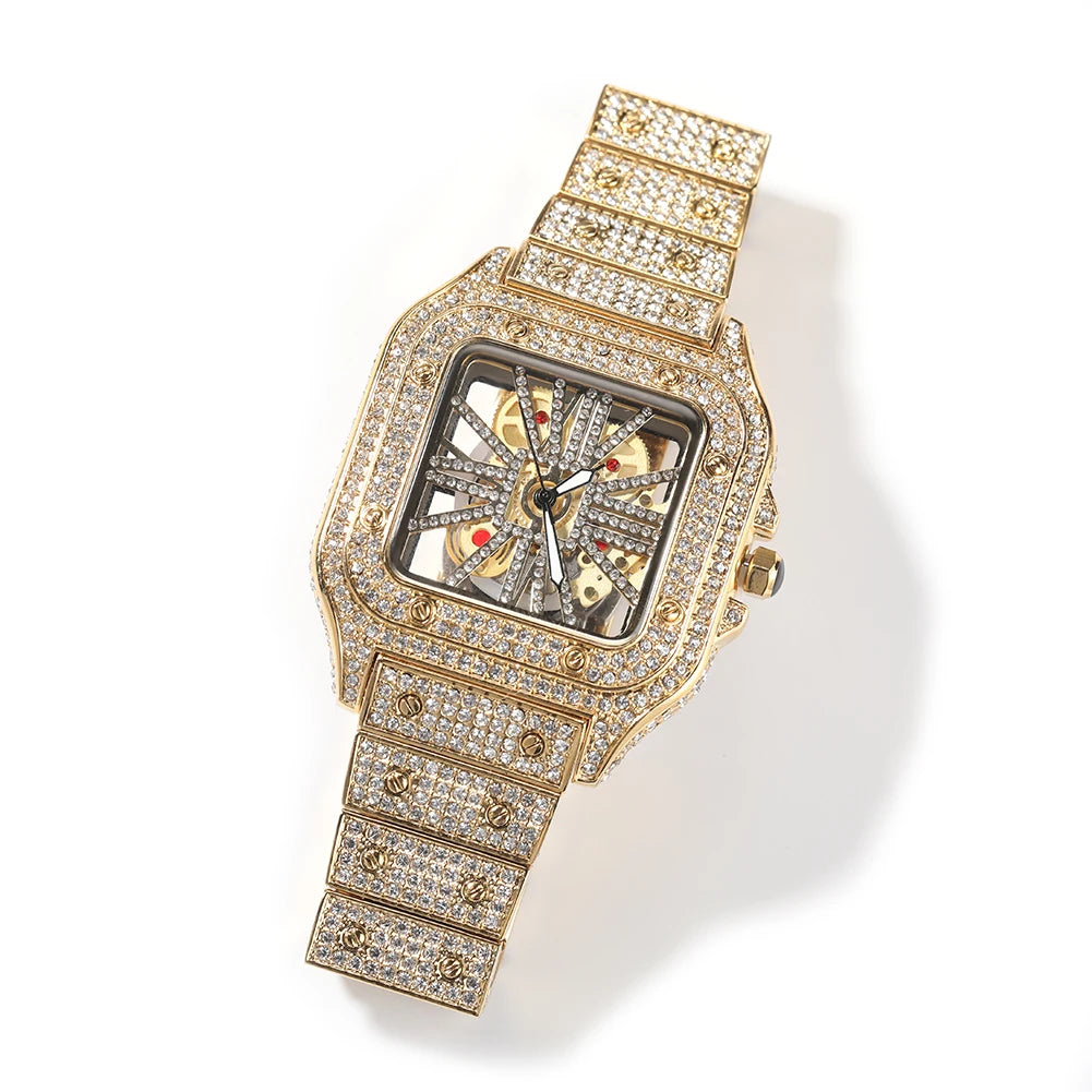 Montre Quartz Transparente Rhinestone Luxe Homme – Cadran Carré Skeleton 35mm Automatique