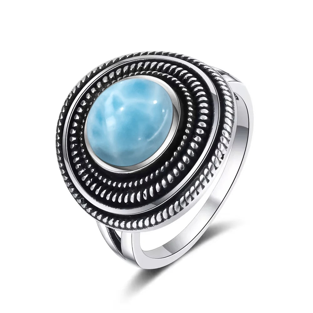 Bague Argent 925 Pierre Larimar Naturelle Vintage – Forme Fleur Ronde Bleu Ciel & Eau de Mer | Bijou Fin Unisexe Pierre Rare des Caraïbes & Cadeau Premium