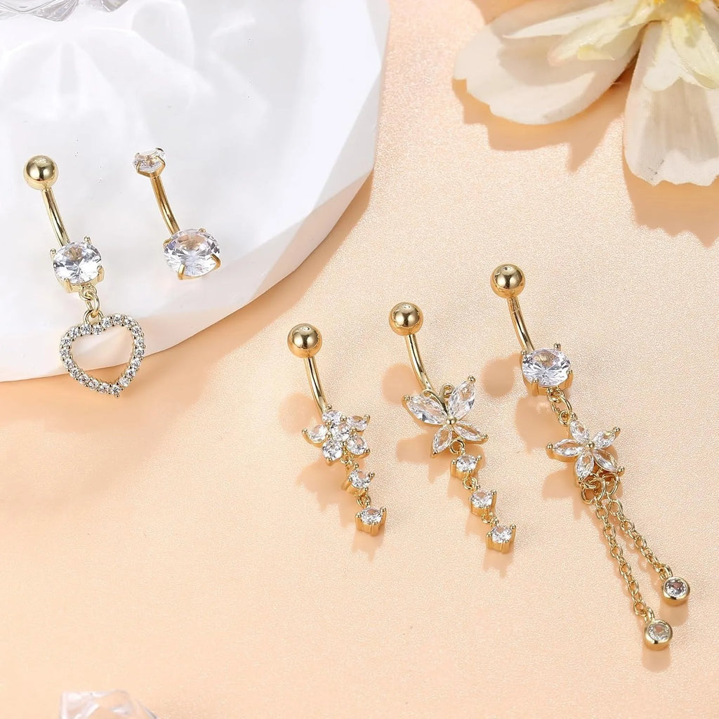 Piercing Nombril 14G Acier Chirurgical Fleur CZ Pendentif – Anneau Nombril Femme Premium & Hypoallergénique | Body Jewelry Élégant & Sécurisé