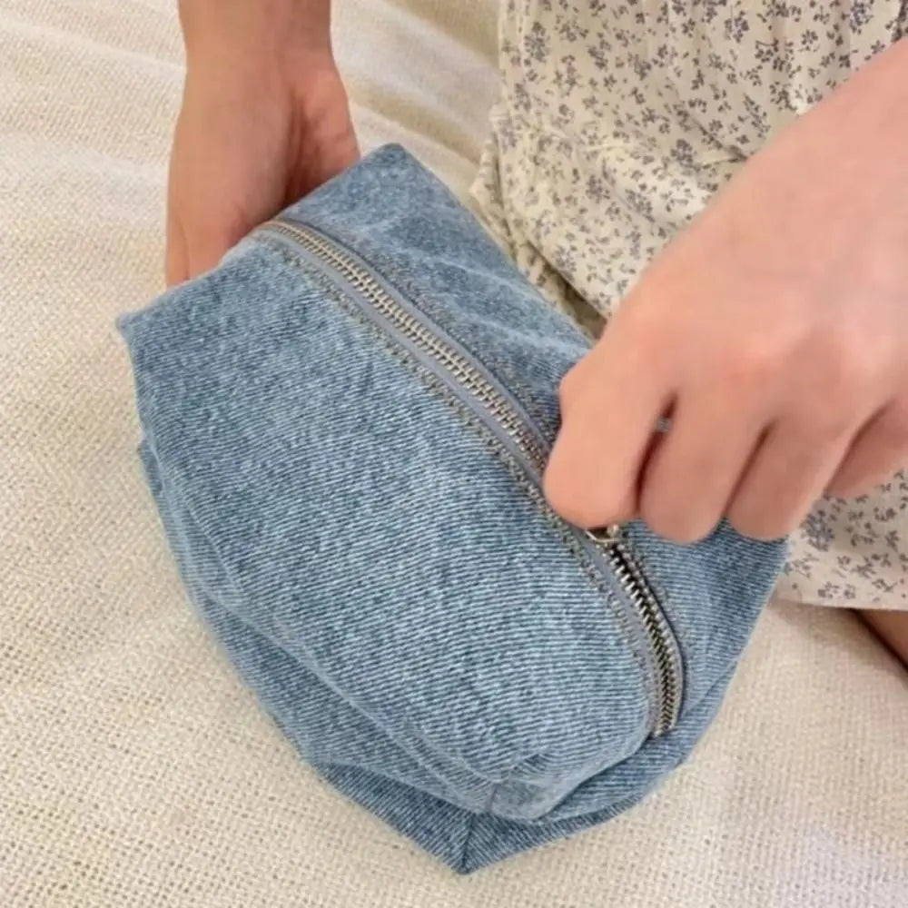 Sac Maquillage Denim Bleu Style Coréen – Trousse Voyage Vintage Zipper | Organisateur Étudiant & Crayon