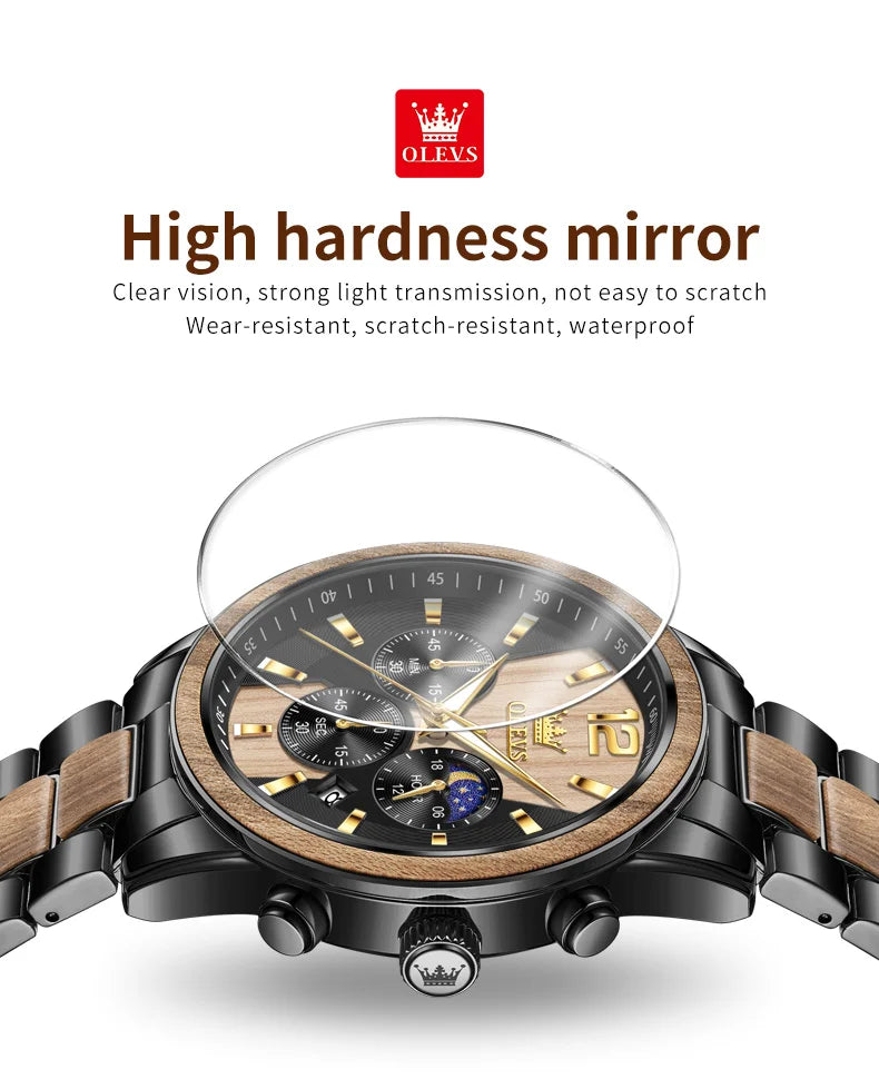 Montre Homme OLEVS Luxe Quartz – Bracelet Acier & Bois Santal Rouge Lumineux Étanche Calendrier