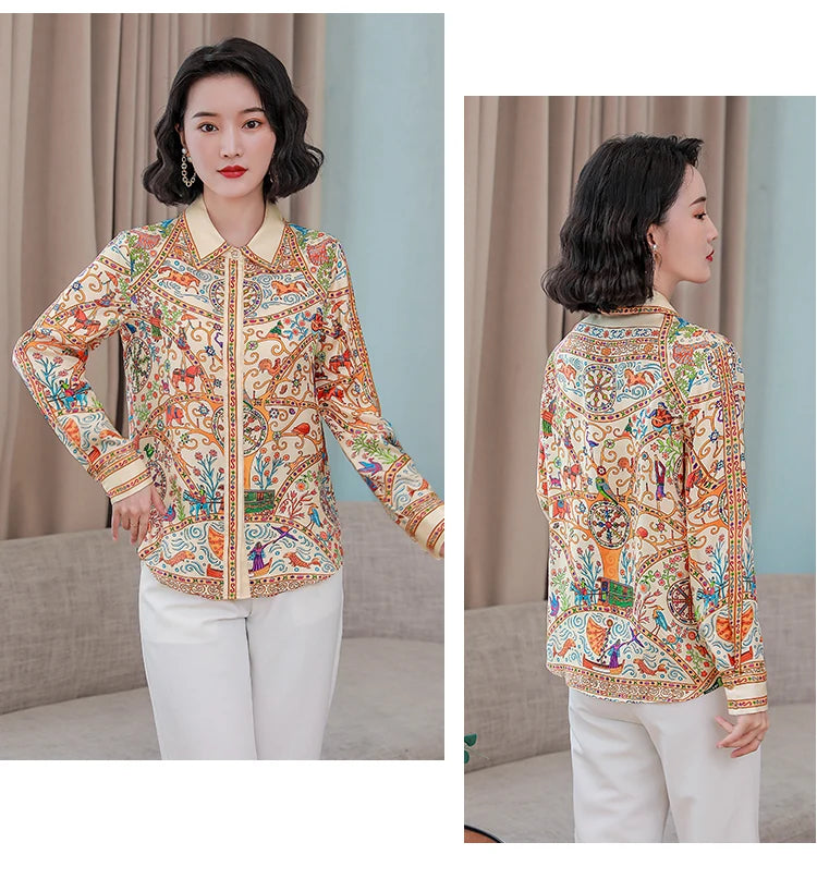 Chemisier Femme Vintage Imprimé Luxe Manches Longues Slim Élégant – Blouse Casual Chic | Automne S-3XL