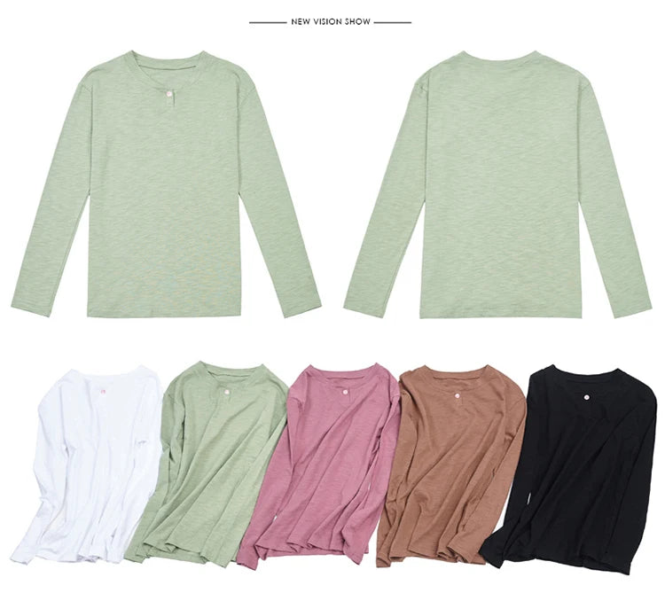 T-Shirt Slub-Baumwolle Langarm V-Ausschnitt Knöpfe - Koreanischer Stil Locker Lässig Frühling