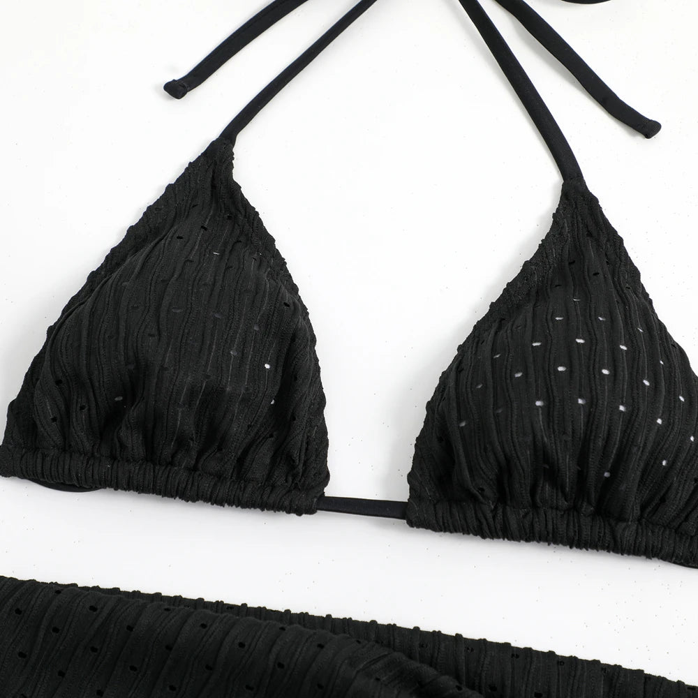Bikini 3 Pièces Halter Femme Sexy Tanga – Maillot de Bain Avec Paréo Jupe | Blanc Noir Rose Vert Été