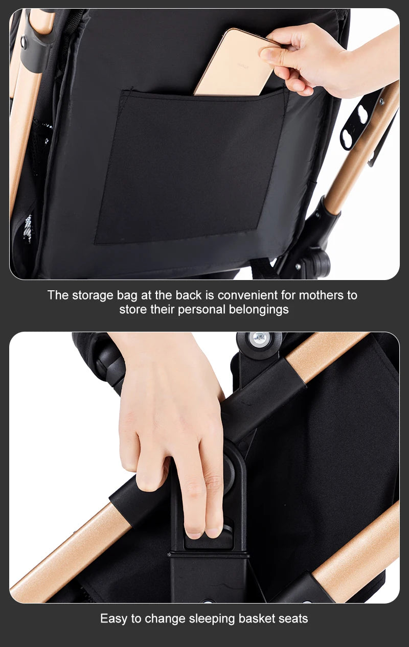 Poussette Bébé 3 en 1 Luxe Pliable Noire – Cadre Aluminium, Haute Vue, Nacelle & Siège | Voyage Nouveau-Né & Nourrisson