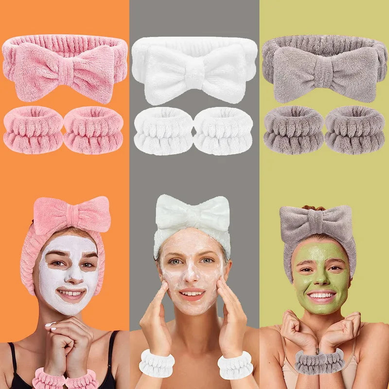 Stirnband & Wasch-Armbänder Set für die Gesichtsreinigung – Rosa Spa-Schleife