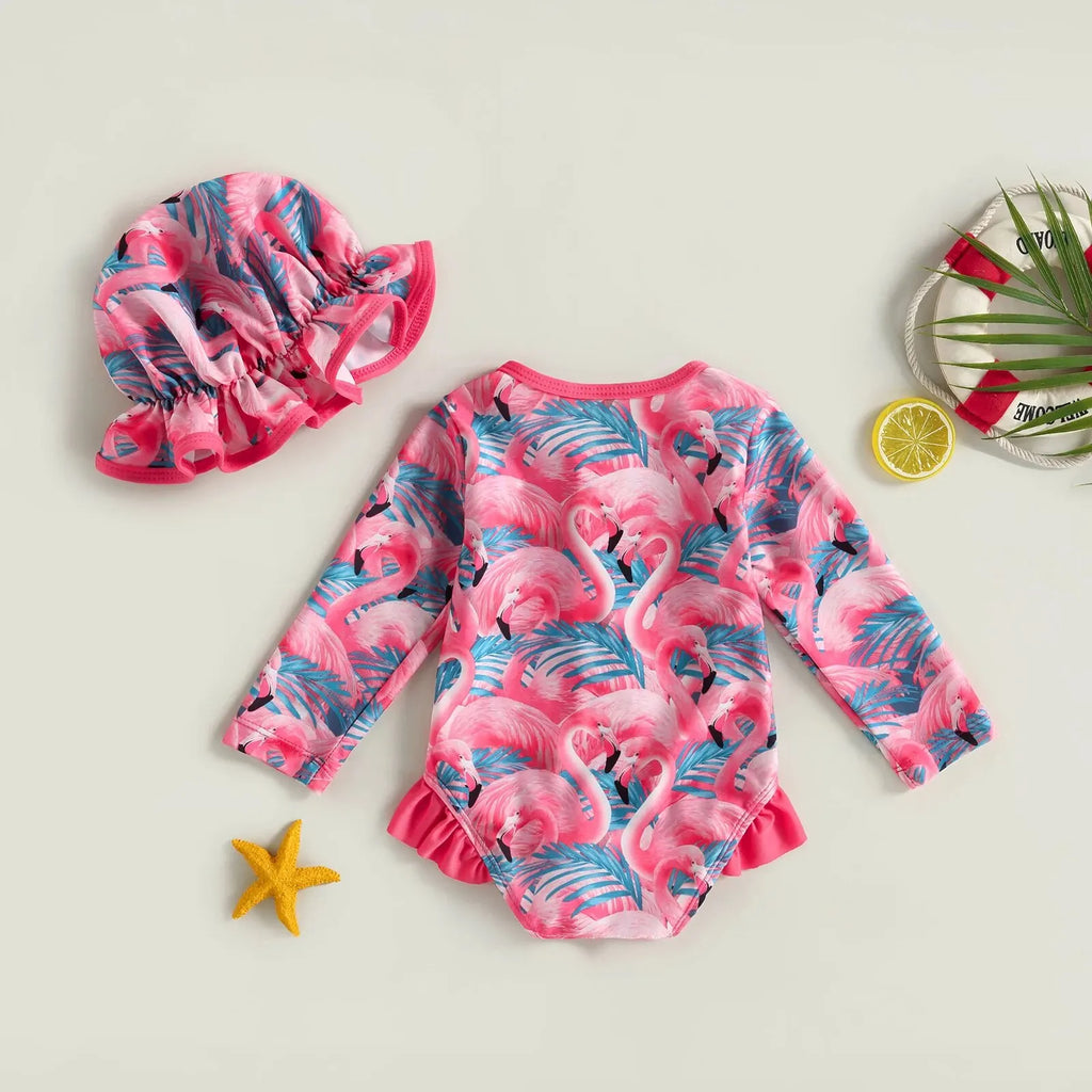 Maillot de Bain Bébé Fille Combinaison Zipper – Imprimé Flamant Rose Fleurs Manches Longues + Bandeau Été