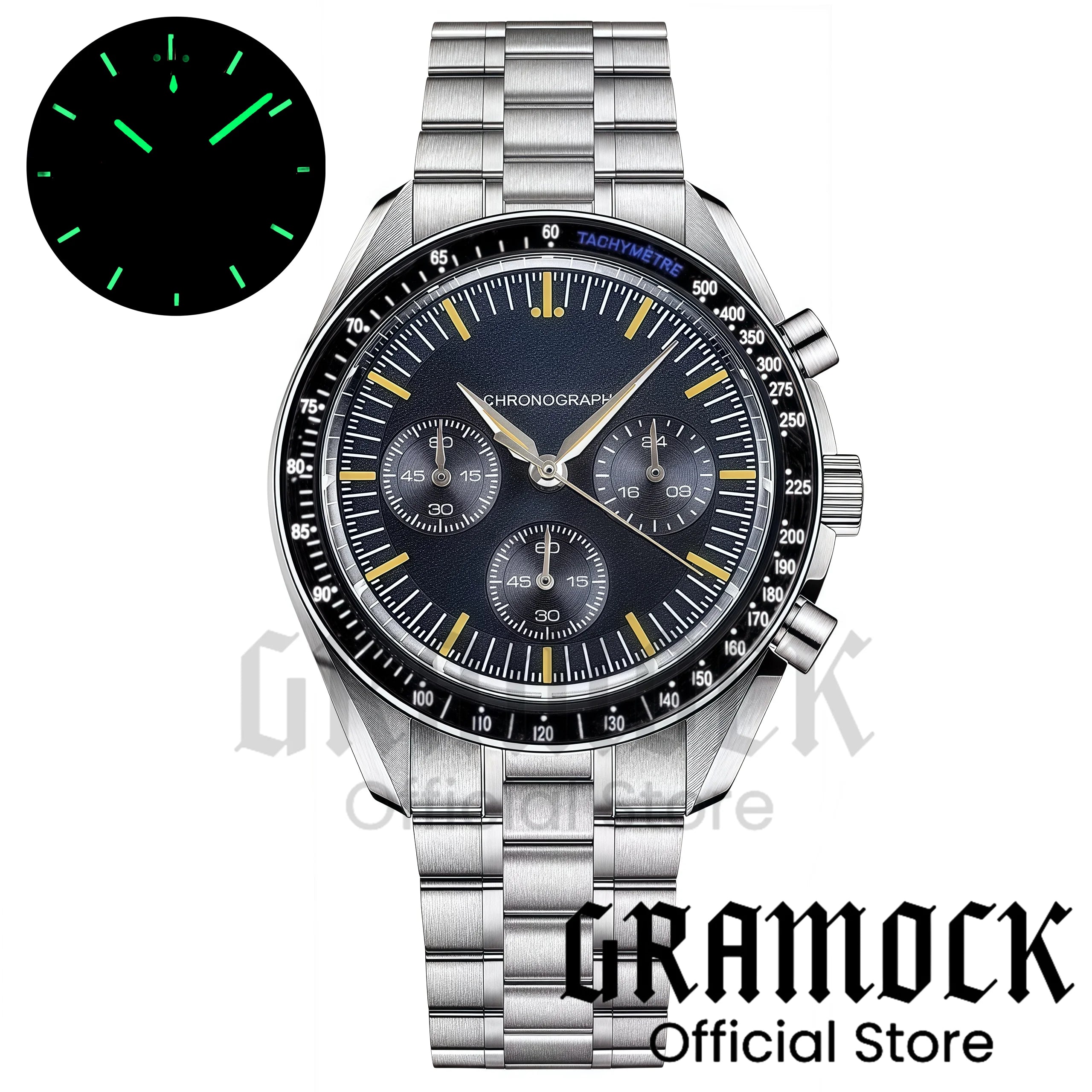 Montre Homme Gramock 40mm Quartz Moon Chronographe – Cadran Lumineux Acier Verre Minéral