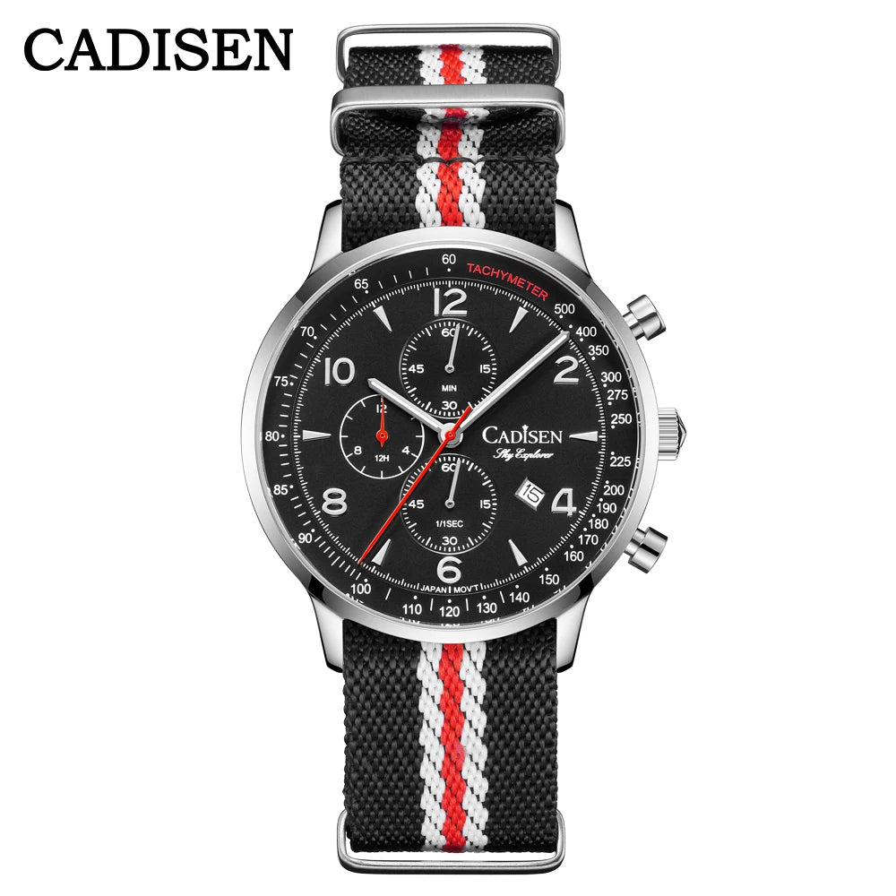 Montre Homme Luxe CADISEN Chronographe Quartz Japonais MIYOTA Bracelet Toile – Étanche Fashion