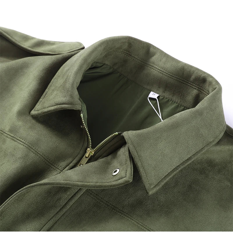 Veste Femme Suède Vert Élégante Manches Bouffantes Revers Fermeture Éclair Ample Plissée – Blouson Court Streetwear Printemps Automne | Mode 2025