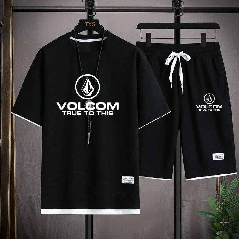 VOLCOM Ensemble T-shirt + Short Sport Homme Été – Waffle Imprimé Casual Sportswear
