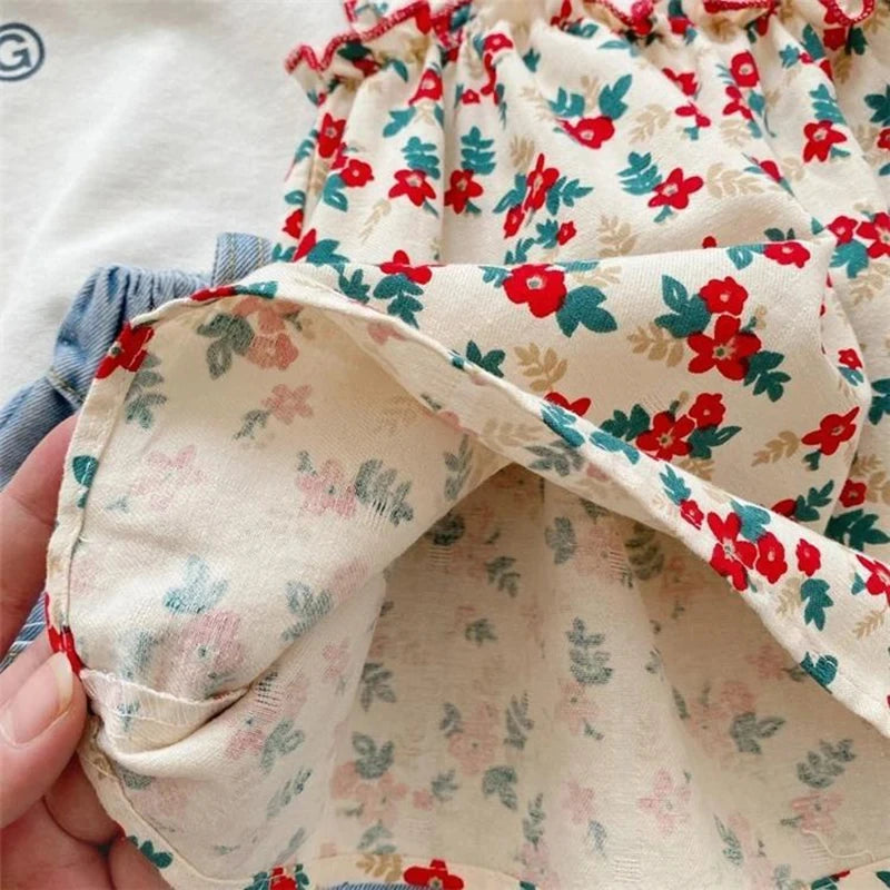 Ensemble Fille Été Bretelles + Short – Tenue Casual Enfant Jupe Fleurie 2 Pièces