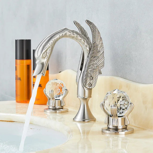 Rozin Robinet Lavabo Cygne Or Luxe – Double Poignée Cristal, Mitigeur Eau Chaude & Froide | Pièce Maîtresse Salle de Bain