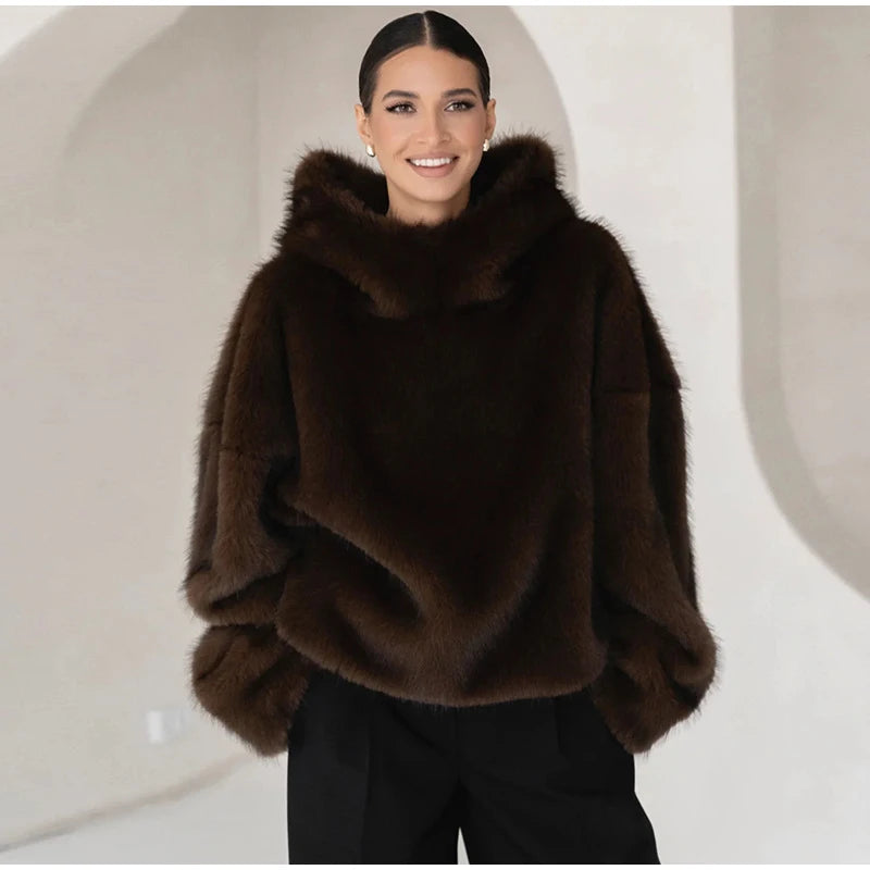 Manteau Fourrure Synthétique à Capuche Femme – Pull Oversize Chaud Marron | Mode Streetwear Automne Hiver