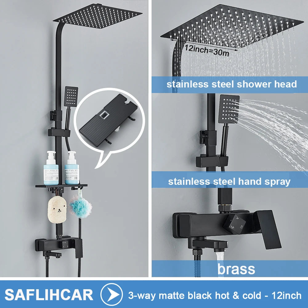 Ensemble Douche Pluie Mural Noir & Chrome Laiton – Étagère Offerte, Mitigeur Eau Chaude & Froide | Système Complet Salle de Bain