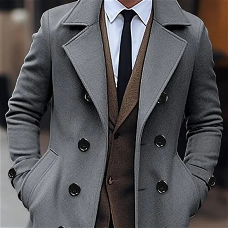 Manteau Homme Laine Double Boutonnage Long Trench Business Casual Style Anglais Élégant Automne Hiver Chaud Raffiné Premium – Manteau Laine Luxe Style Britannique | Mode Homme Luxe Hiver Premium