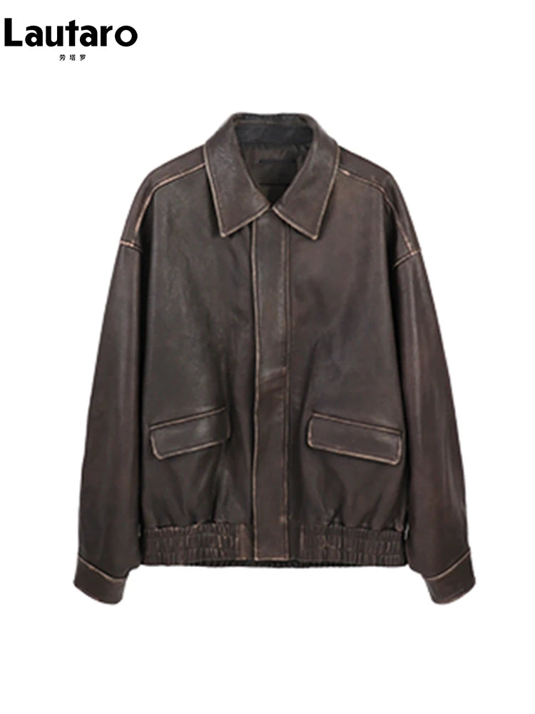 Oversize Jacke Kunstleder Distressed Damen – Vintage Retro Stil Reißverschluss | Braun Schwarz Frühling Herbst