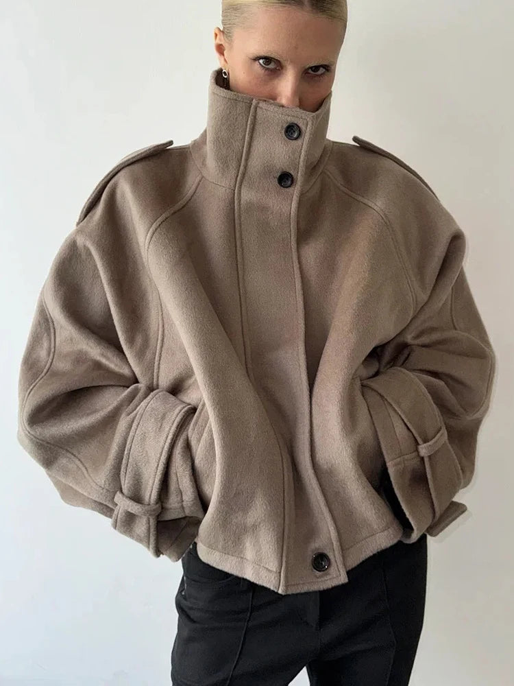 Manteau Court Laine Femme Vintage Ample Col Montant – Overcoat Chaud Casual | High Street | FSMG