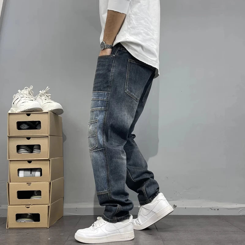 Gerade geschnittene Jeans Patchwork Streetwear 2025 – Japanische Skater-Passform mit mehreren Taschen in großen Größen