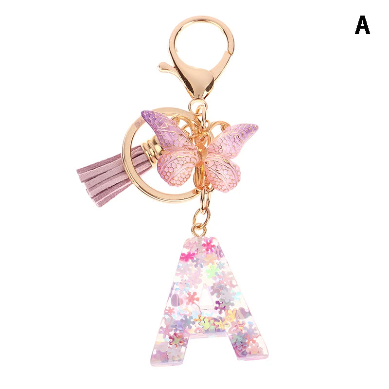 Porte-Clés Lettre Initiale Sequins Femme – Pendentif Papillon Pompon Sac Voiture Bijou