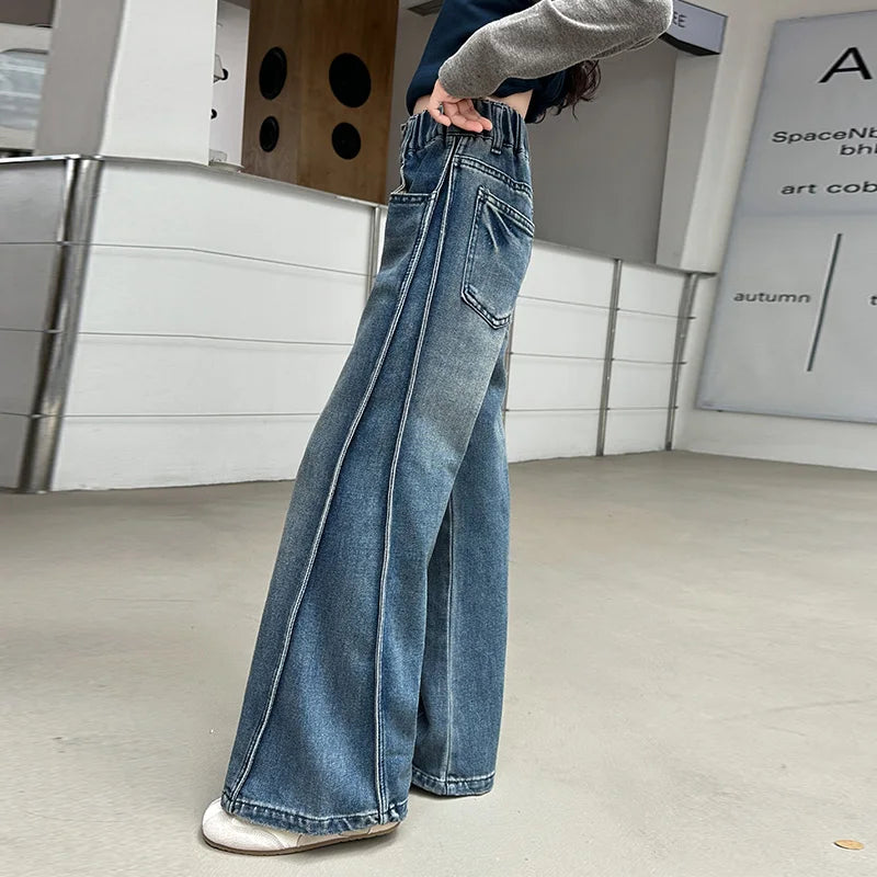 Jean Large Fille Taille Haute Bleu Foncé – Pantalon Denim Jambe Large Retroussable Enfant 4-14 Ans