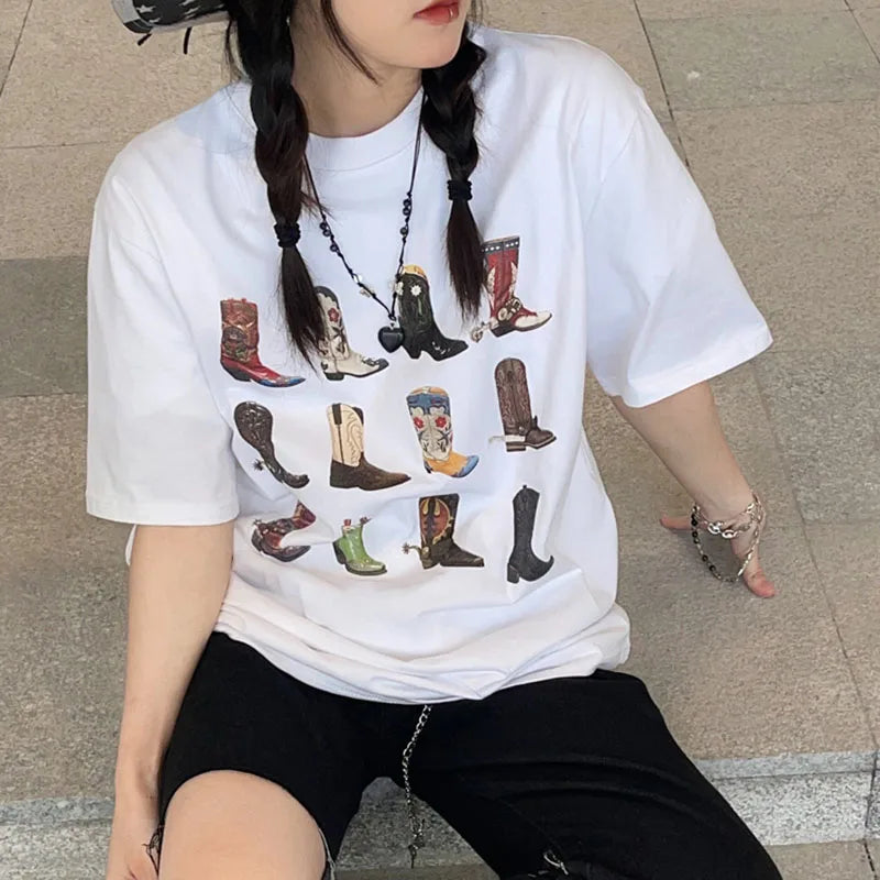 T-Shirt Western Cowgirl Vintage Boho Damen – Grafikdruck Texas | Hippie Retro Sommer Stil