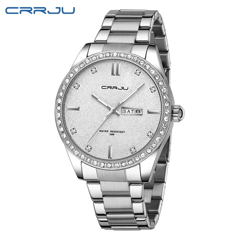 Montre Homme CRRJU Moissanite Diamant Luxe Cadran Doré Acier Inoxydable Lumineux Élégante Premium | Montre CRRJU Moissanite Diamant Luxe Premium