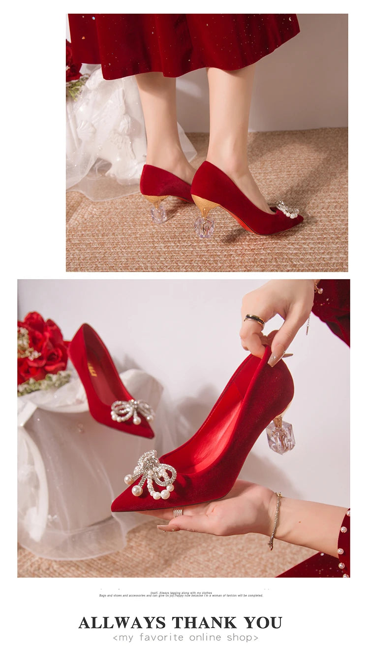 Chaussures Mariée Perle Talon Épais Bout Pointu – Xiuhe Robe Mariage Confortables