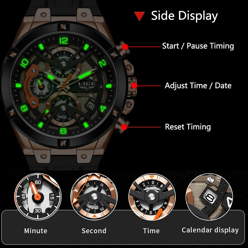 Montre Homme LIGE Militaire Luxe Chronographe Quartz – Lumineux Date Sport Silicone Étanche