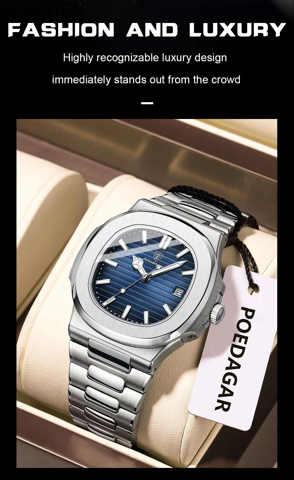 Montre Homme POEDAGAR Carré Luxe Quartz – Acier Lumineux Étanche Date Sport Business