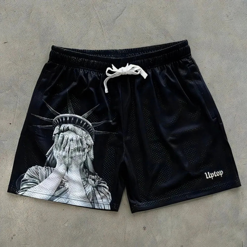 Kurze Herrenhose mit Freiheitsstatuen-Print, amerikanischer, europäischer Stil, atmungsaktiv, verstellbarer Kordelzug, lässig, Outdoor, Sommer, bequem, leicht – Premium Americana Casual Shorts | Premium Herren-Sommermode