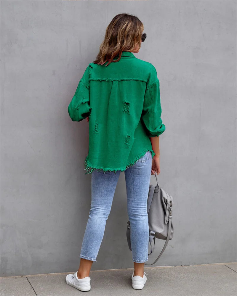 Veste en Jean Femme Bords Bruts Troués – Style Chemise Casual | Printemps Automne Tendance 2025