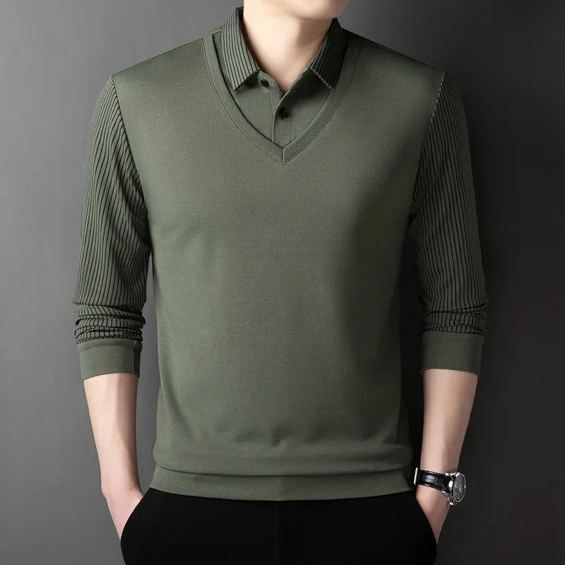 Polo Homme Manches Longues Faux Deux Pièces Couleur Unie – Business Casual Élégant Toutes Saisons Polyvalent | Mode Homme Premium