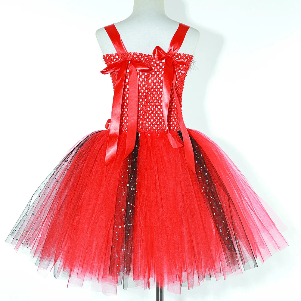 Déguisement Diablesse Rouge Fille – Robe Tutu Demon avec Ailes Cornes Trident Halloween Carnaval