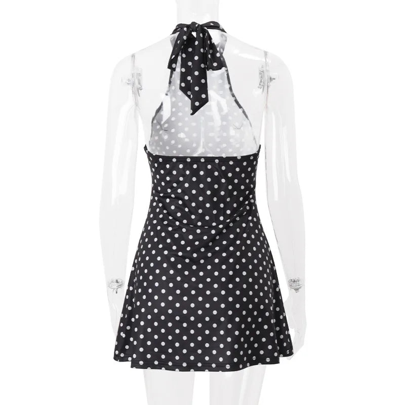 Mini Robe Femme Pois Élégante Épaules Dénudées Dos Nu Taille Haute Halter – Y2K Club & Soirée | Été