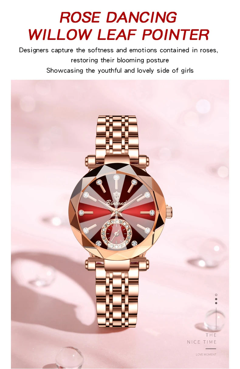 Montre Femme Luxe BINBOND Diamant Cœur de l'Océan Quartz – Lumineuse Étanche Élégante