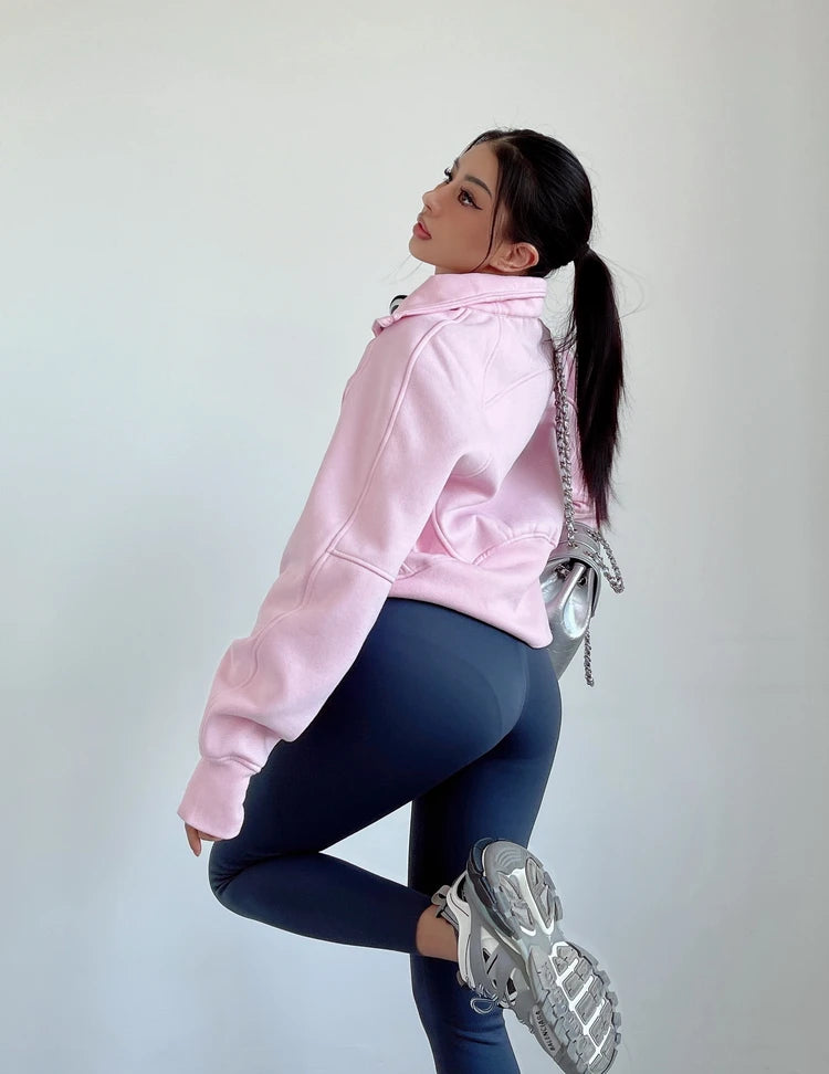 Sweat Femme Oversize Zip Polaire – Hoodie Streetwear Chaud Casual Rose Blanc