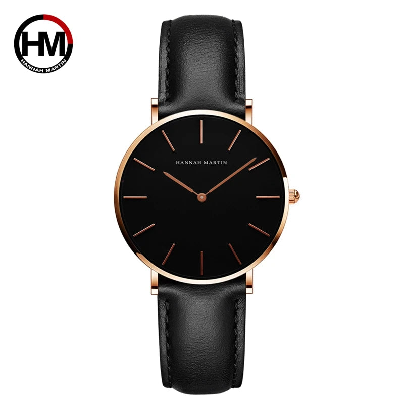 Montre Femme Luxe HANNAH MARTIN Ultra-Fine 36mm Cuir Or Rose – Étanche Élégante Fashion