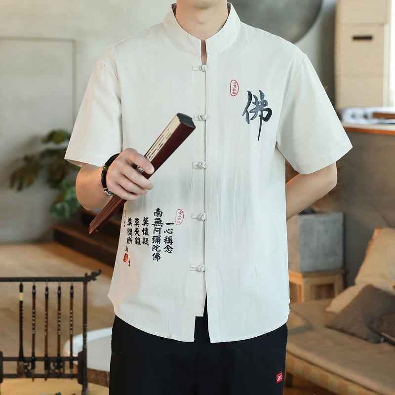 Chemise Style Chinois Homme Tang Suit Lin 2023 – Kung Fu Hanfu Manches 3/4 Grande Taille 4XL 5XL