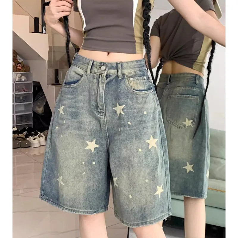 Short Jean Femme Imprimé Floral & Étoiles Style Rétro Américain – Jambe Droite Large Stretch Confortable